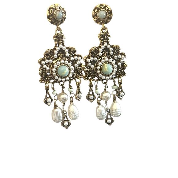 vtg Victorian revival antique gold pearl and jasper dangle earrings - Picture 2 of 8
